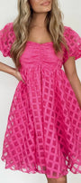 Strawberry Pink Checkered Puff Sleeve Babydoll Dress Florida Girl Fashion Boutique