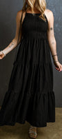 Black Smocked Pleated Tiered Maxi Dress Florida Girl Fashion Boutique