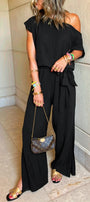 Black One Shoulder Knotted Waist Jumpsuit Florida Girl Fashion Boutique