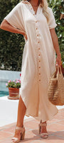 Apricot Crinkled Buttons Maxi Beach Dress with Slits Florida Girl Fashion Boutique