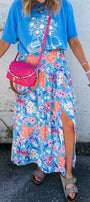 Blue Floral Printed High Waist Split Wrap Long Skirt Florida Girl Fashion Boutique