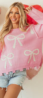 Pearl Beaded Bowknot Distressed Hem Sweater Florida Girl Fashion Boutique