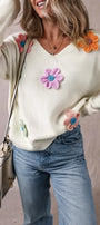 Crochet Flower V Neck Sweater Florida Girl Fashion Boutique
