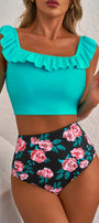 Ruffled Square Neck Swim Top and Floral Shorts Bikini Set Florida Girl Fashion Boutique