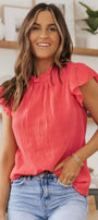 Coral Ruffle Sleeve Gauze Top Florida Girl Fashion Boutique