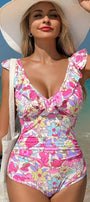 Floral Ruffle Trim V Neck Lace-up Back Tummy Control One Piece Swimsuit Florida Girl Fashion Boutique