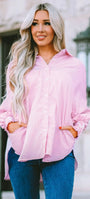 Pink Striped Ruffle Cuff Button-Down Blouse Florida Girl Fashion Boutique