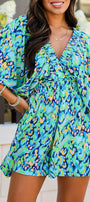 Abstract Print Puff Sleeve V Neck High Waist Romper Florida Girl Fashion Boutique