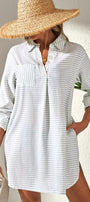 White Stripe Collared V Neck Beach Cover up Florida Girl Fashion Boutique