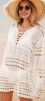 White Lace-up V Neck Hollow Out Knitted Long Sleeve Cover Up Florida Girl Fashion Boutique