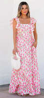 Pink Floral Ruffle Sleeve Maxi Dress Florida Girl Fashion Boutique