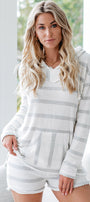 White Striped Raw Edge Hoodie and Shorts Set Florida Girl Fashion Boutique