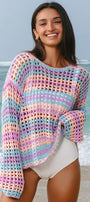 Purple Multi Stripe Open Knit Sweater Beach Cover Up Florida Girl Fashion Boutique