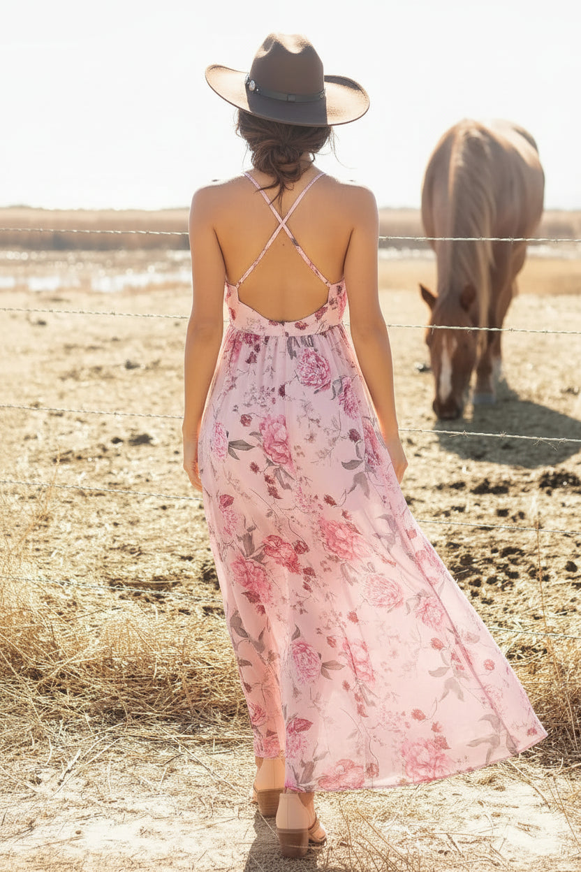 Pink Floral Cross Back Maxi Florida Girl Fashion Boutique