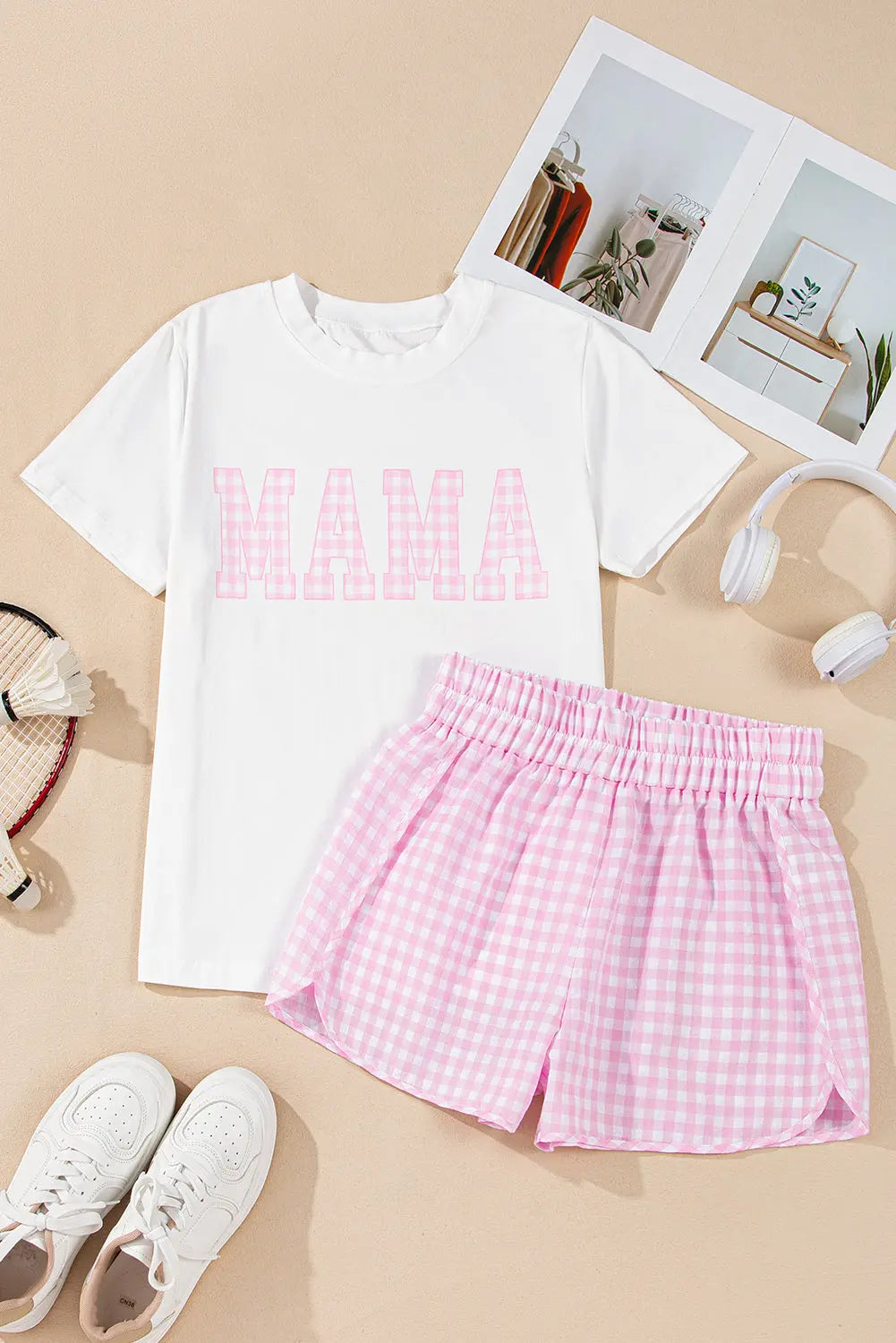 MAMA Printed Tee and Plaid Shorts Lounge Set Florida Girl Fashion Boutique