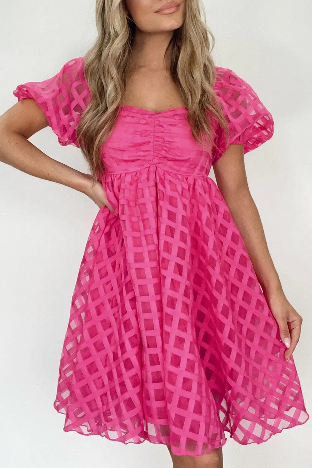 Strawberry Pink Checkered Puff Sleeve Babydoll Dress Florida Girl Fashion Boutique