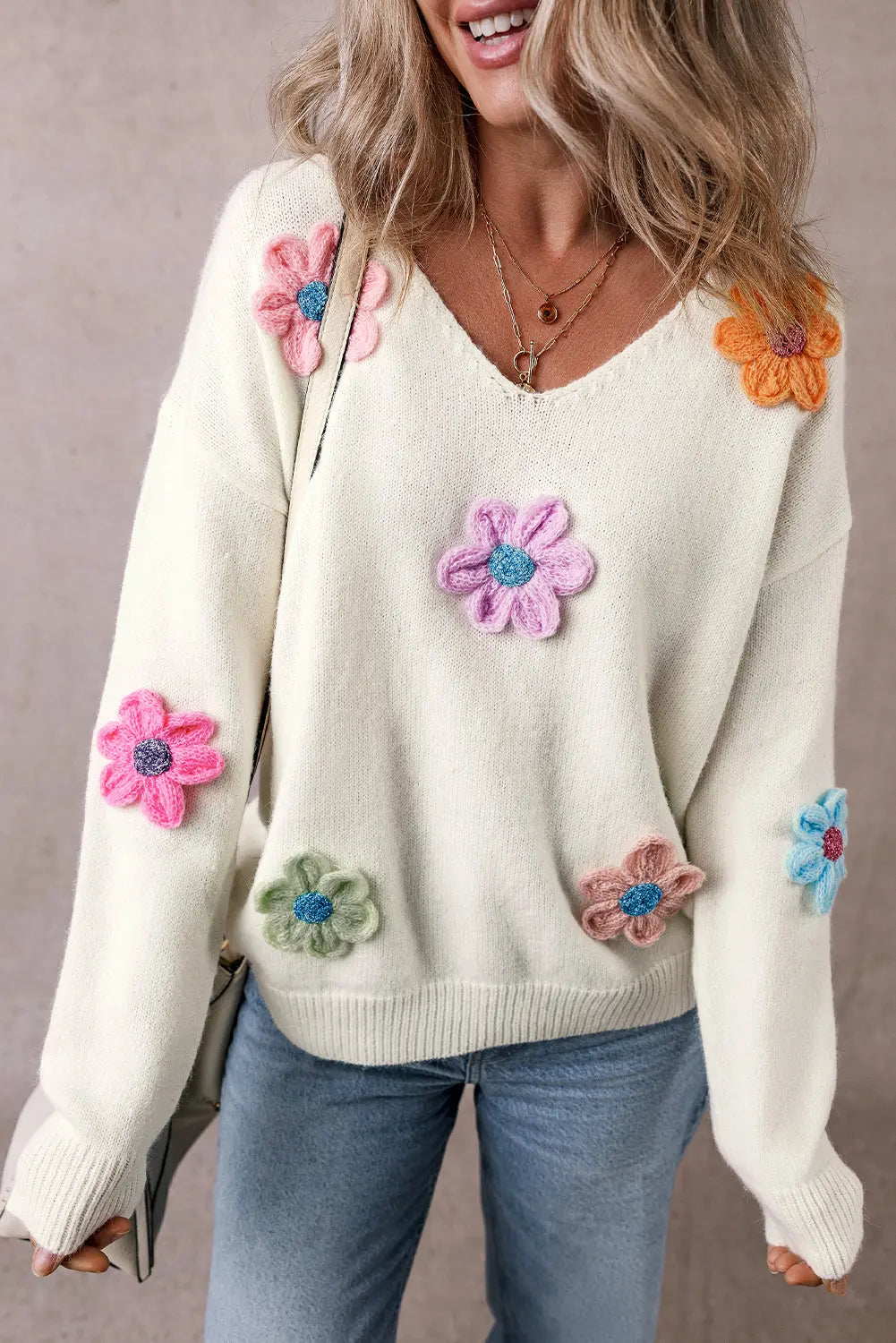 Crochet Flower V Neck Sweater Florida Girl Fashion Boutique