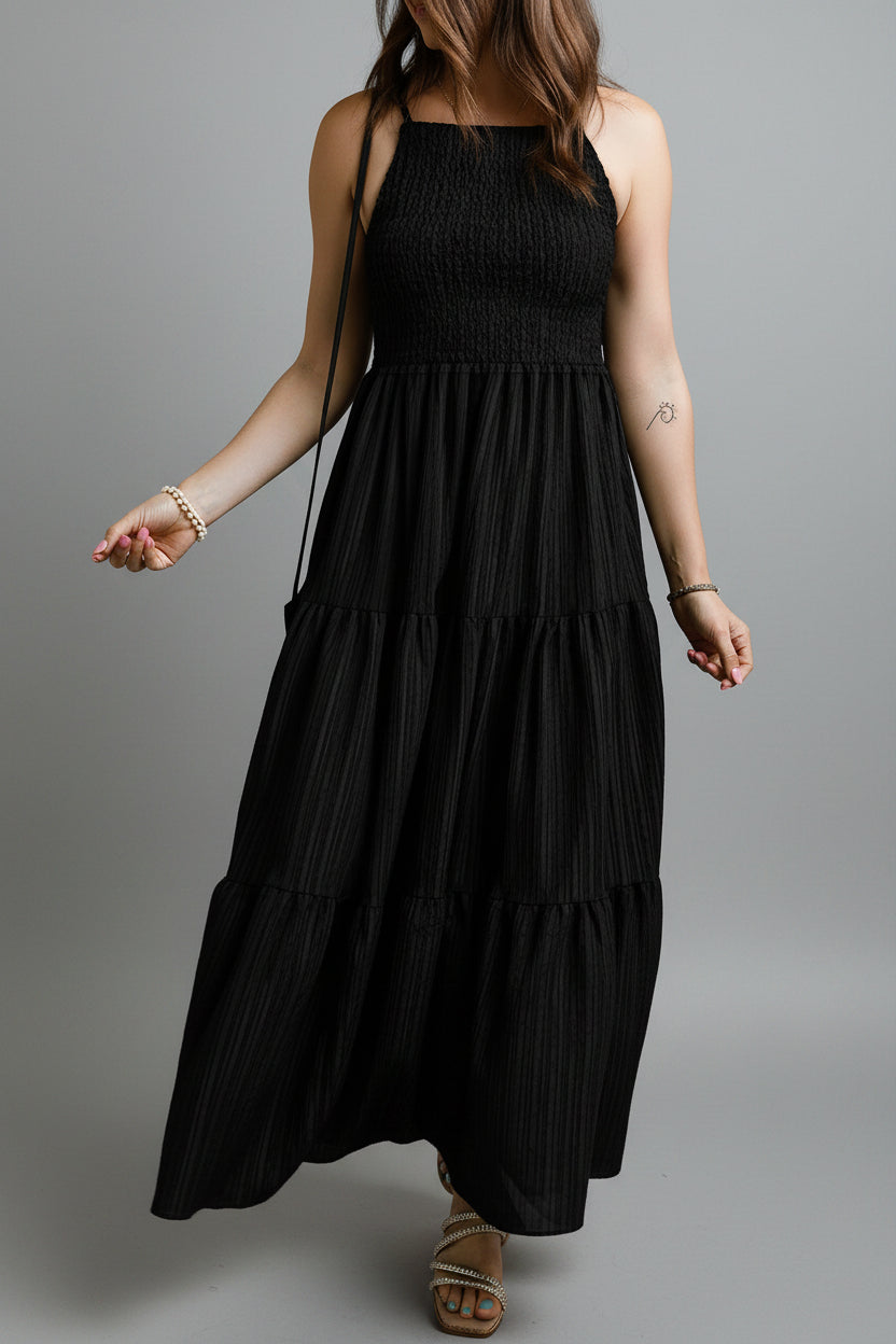 Black Smocked Pleated Tiered Maxi Dress Florida Girl Fashion Boutique
