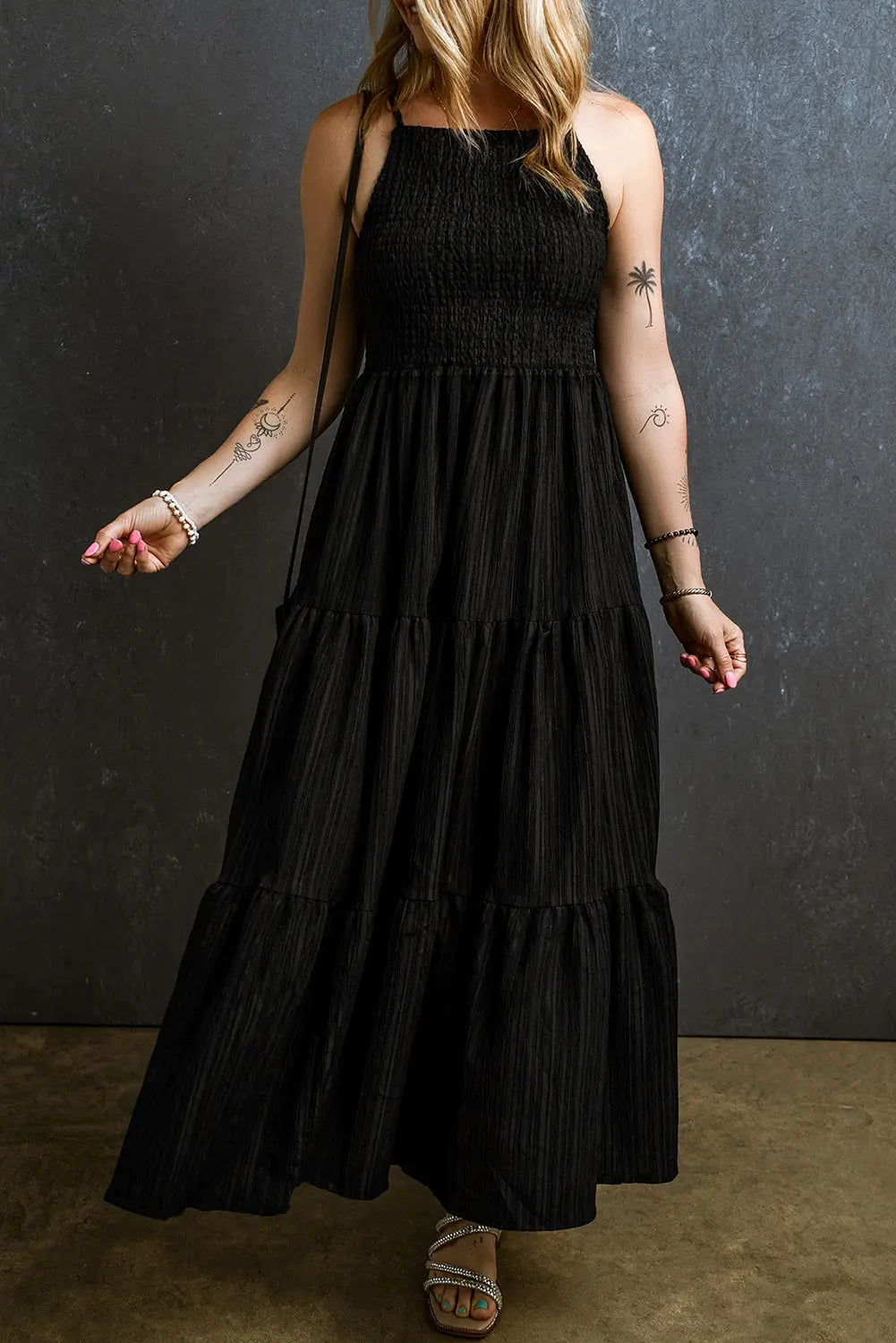 Black Smocked Pleated Tiered Maxi Dress Florida Girl Fashion Boutique