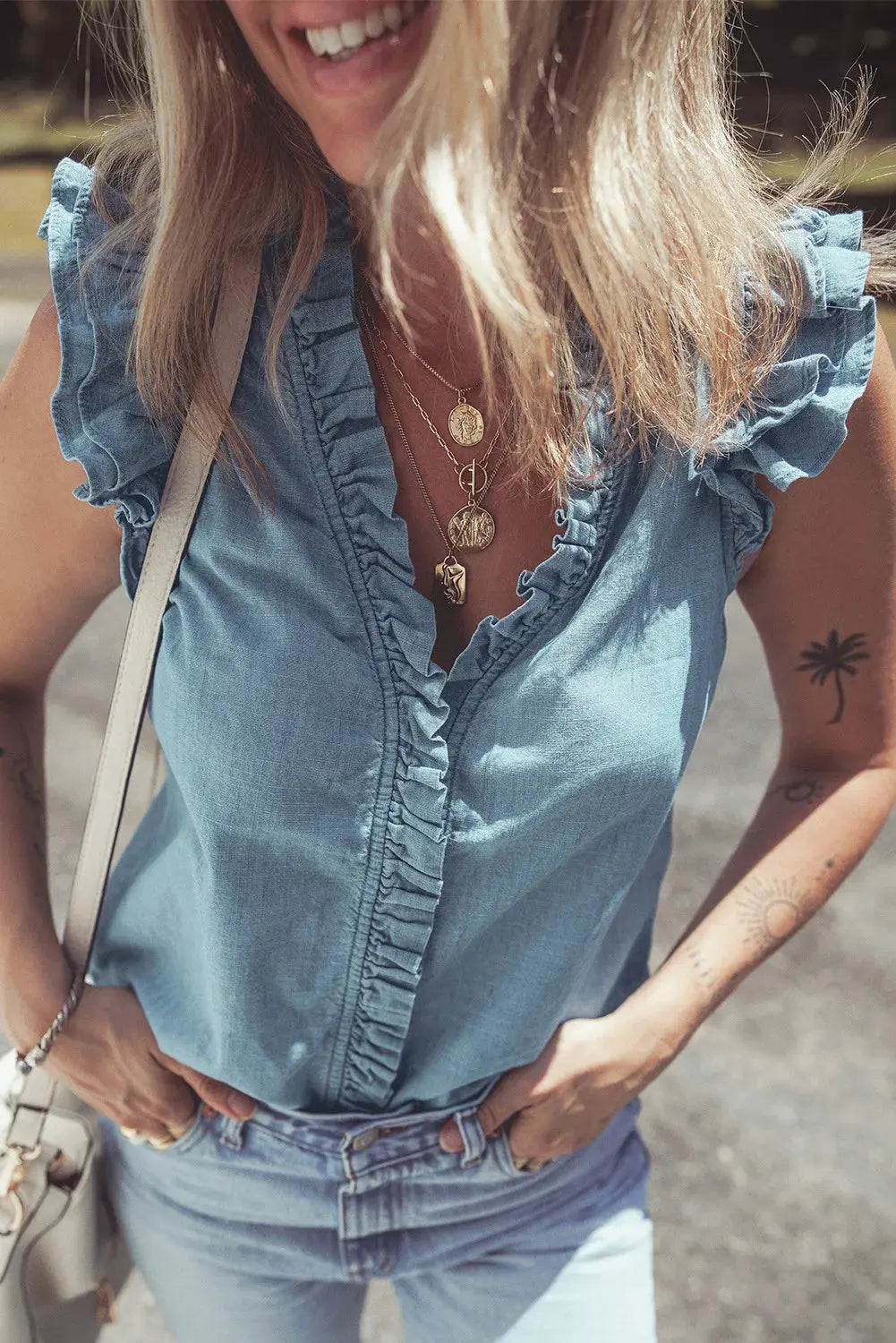 Blue Ruffled Denim Top Florida Girl Fashion Boutique