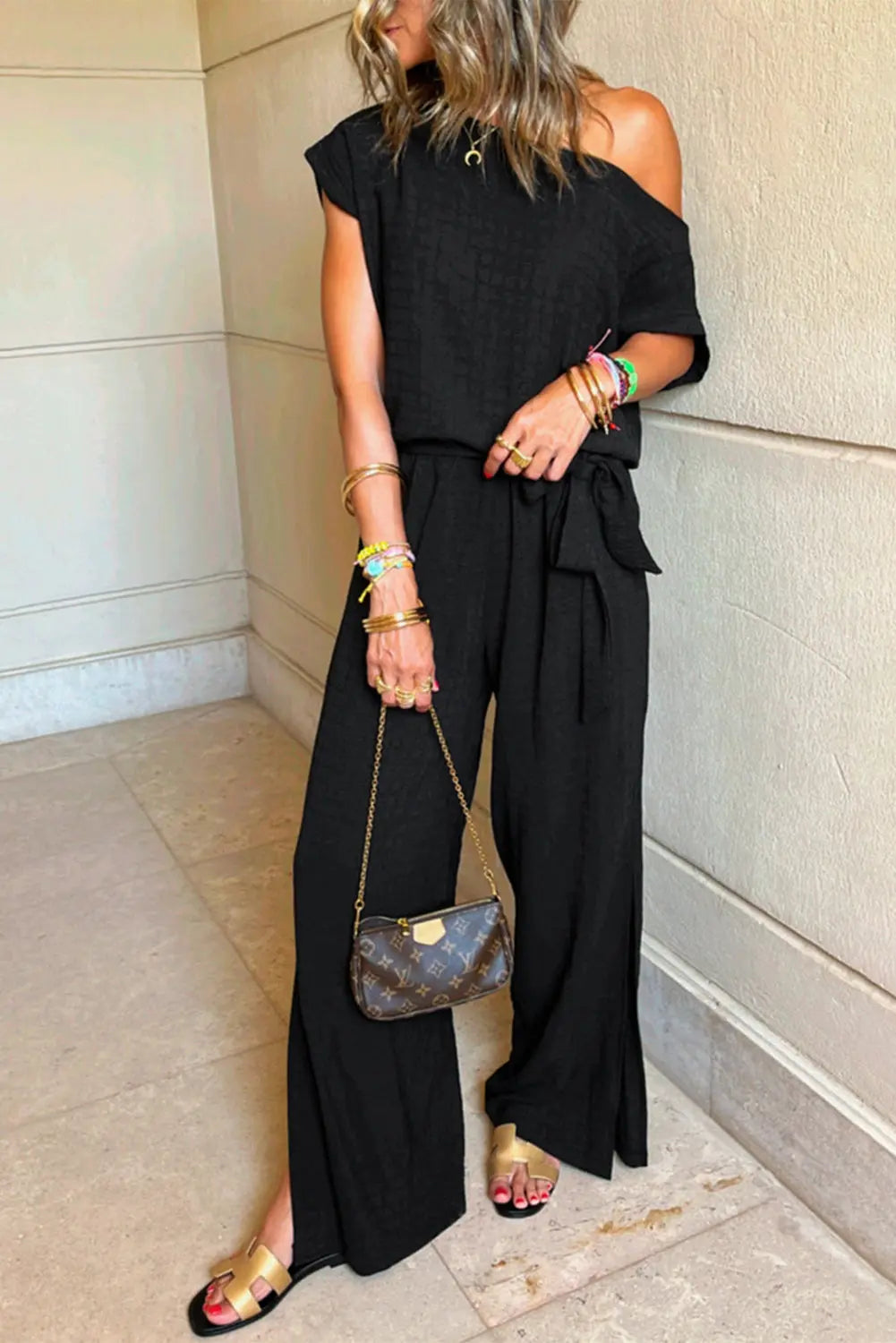 Black One Shoulder Knotted Waist Jumpsuit Florida Girl Fashion Boutique
