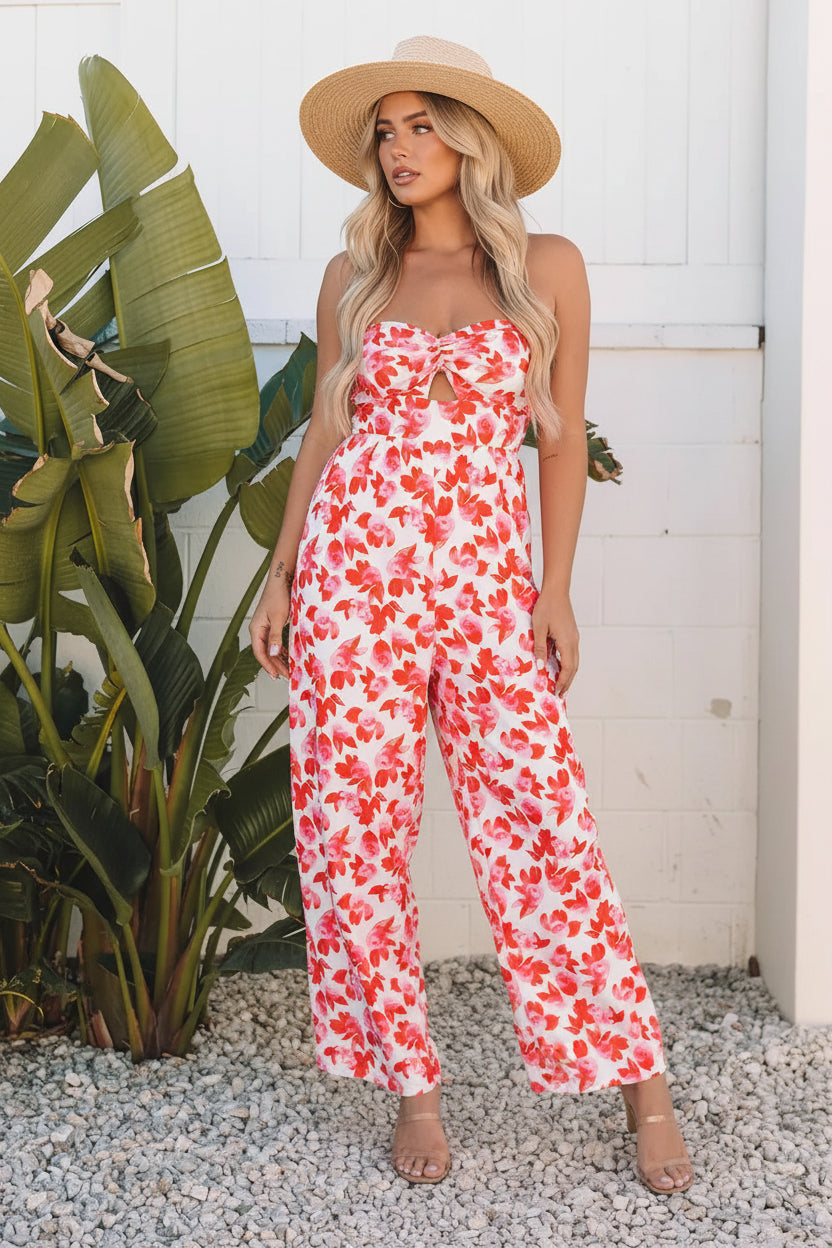 Floral Print Twisted Bandeau Wide Leg Jumpsuit Florida Girl Fashion Boutique