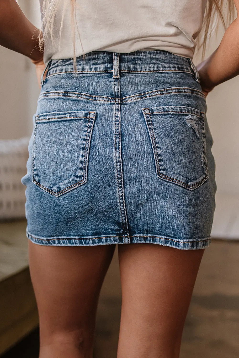 Dusk Blue Rhinestone Distressed Denim High Waist Mini Skirt Florida Girl Fashion Boutique