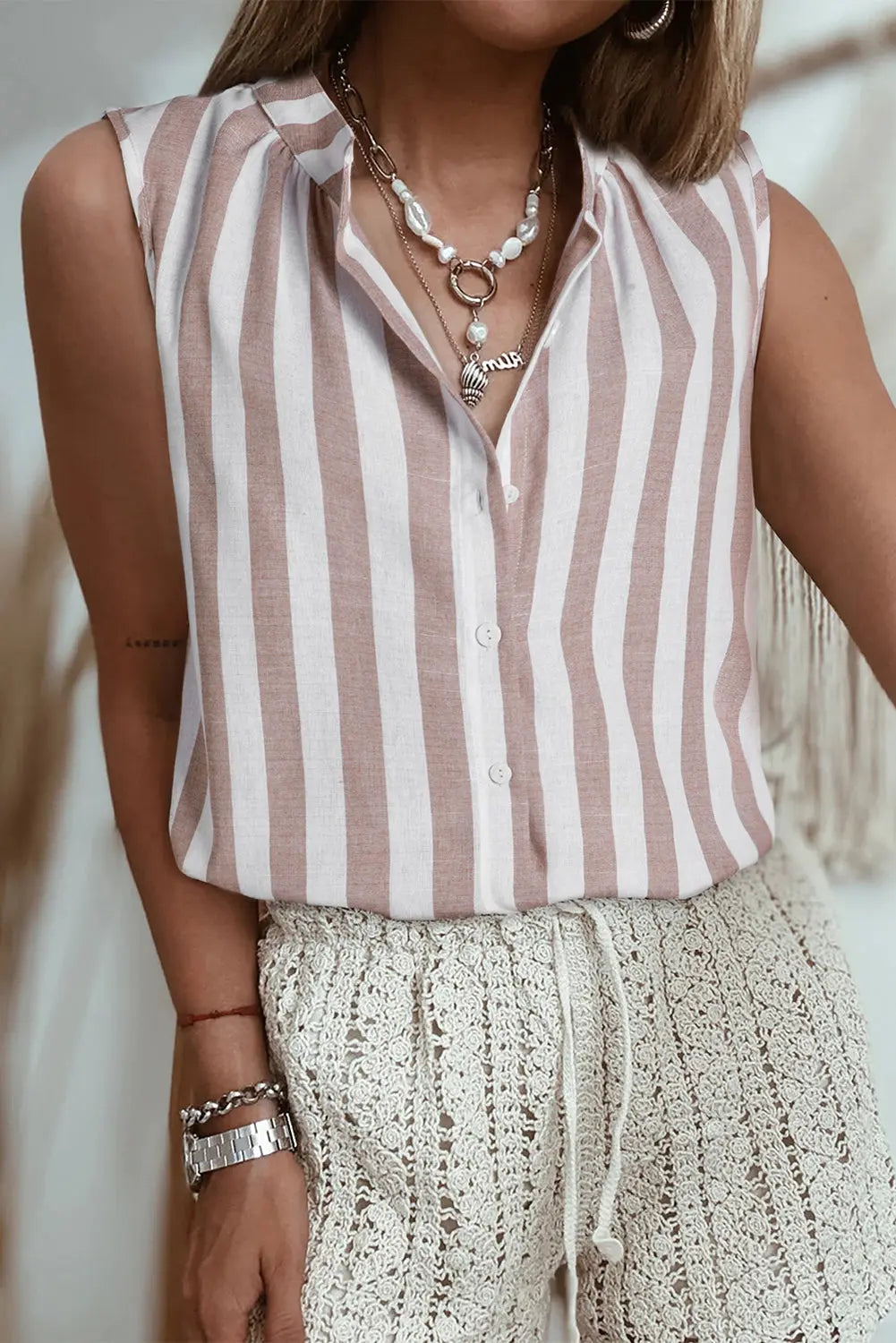 Khaki Stripe Casual Button Down Sleeveless Shirt Florida Girl Fashion Boutique
