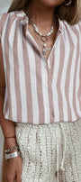 Khaki Stripe Casual Button Down Sleeveless Shirt Florida Girl Fashion Boutique