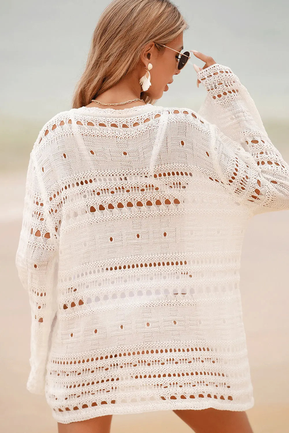 White Lace-up V Neck Hollow Out Knitted Long Sleeve Cover Up Florida Girl Fashion Boutique