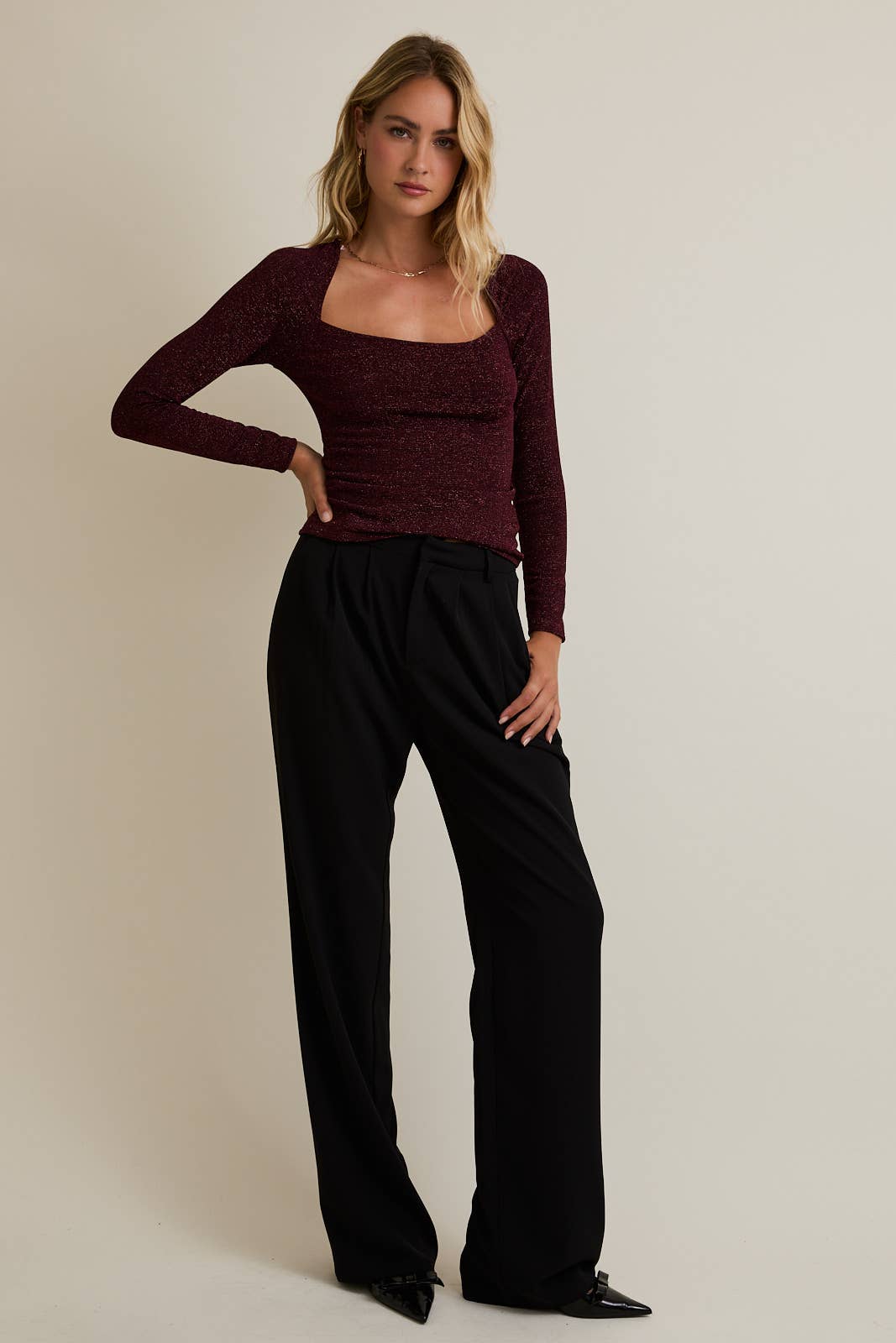 Shimmer Square Neck Long Sleeve Top