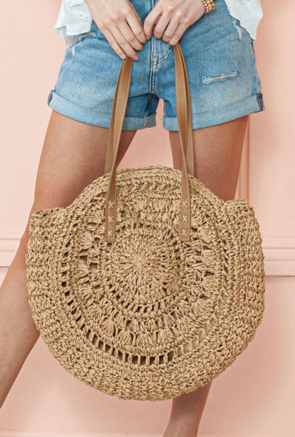 Boho Crochet Straw Round Tote Bag