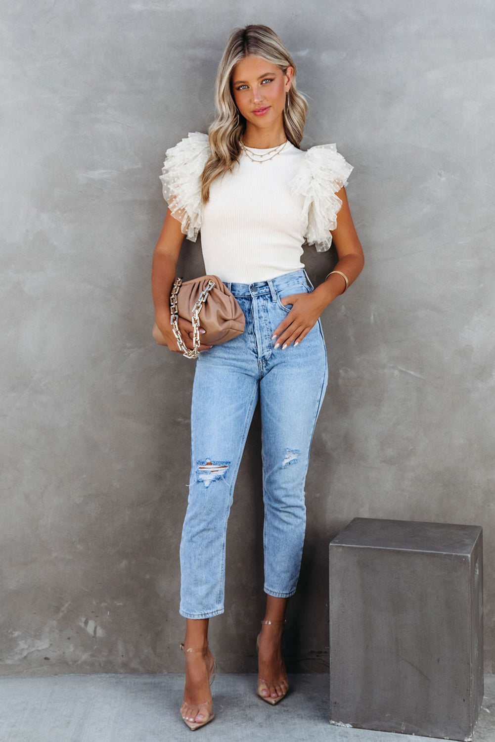 White Dotty Mesh Sleeve Top Florida Girl Fashion Boutique