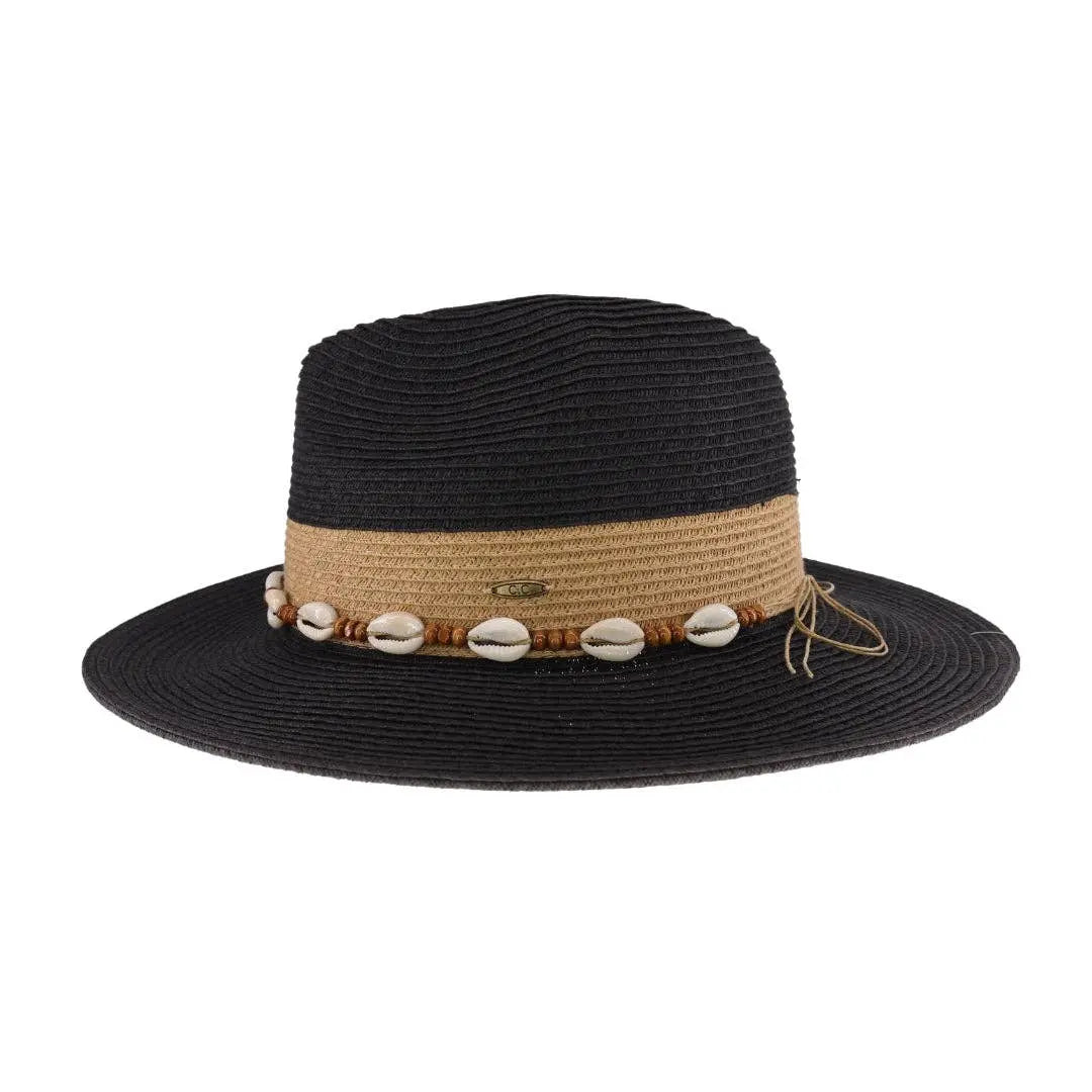Two-Tone Shell & Wood Bead Trim Panama Hat C.C Beanie