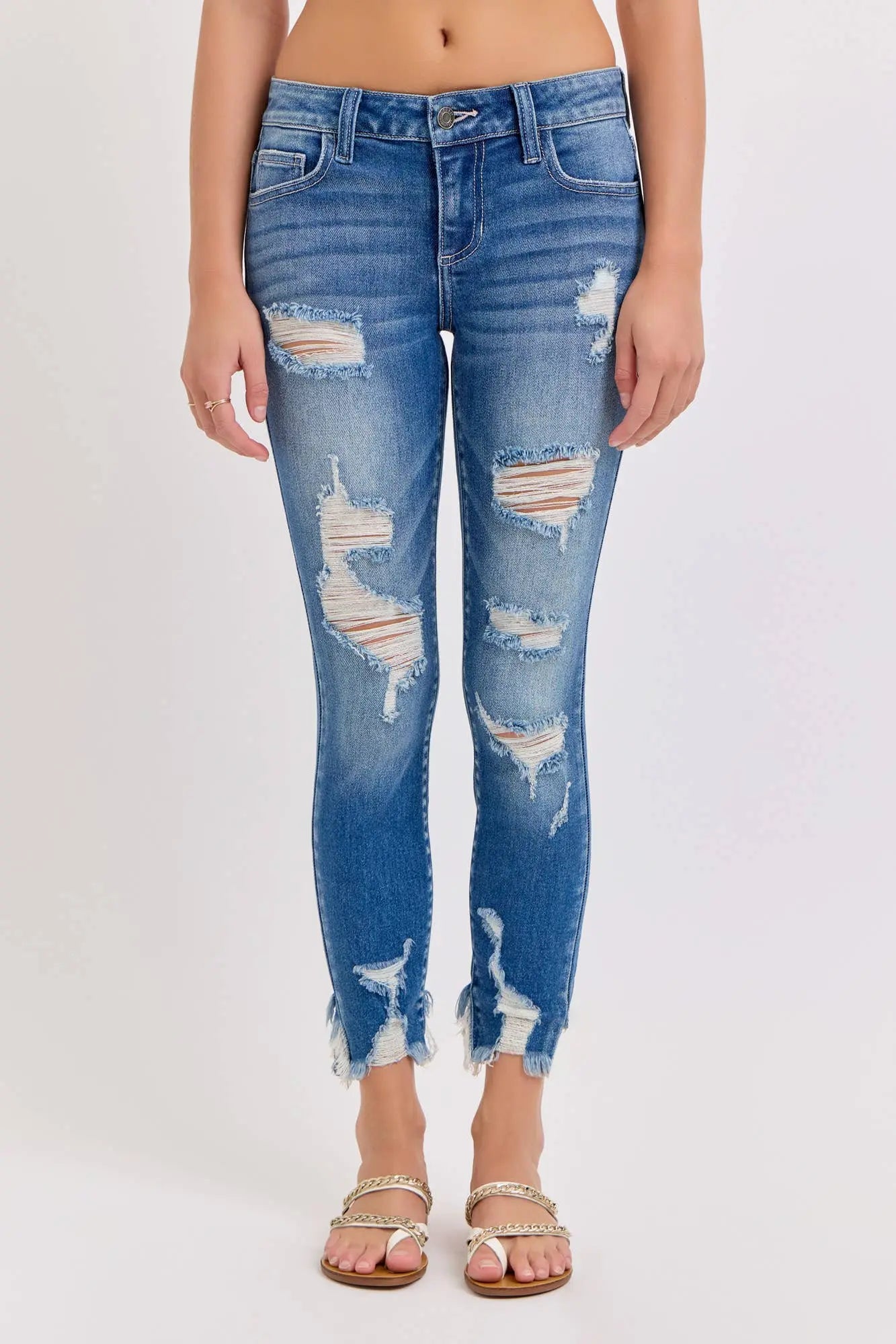 Cello Mid Rise Destroyed Crop Skinny Cello Jeans