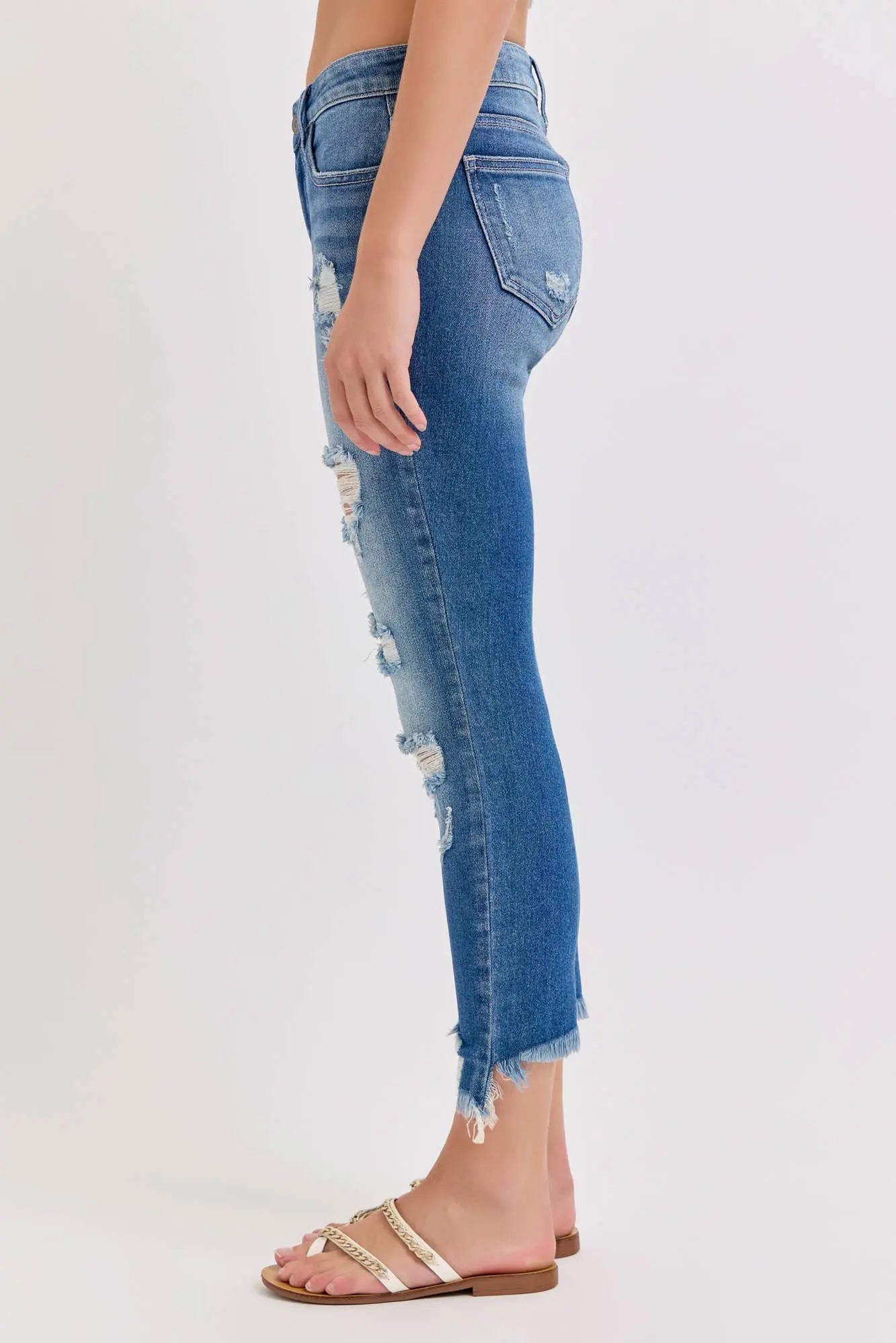 Cello Mid Rise Destroyed Crop Skinny Cello Jeans