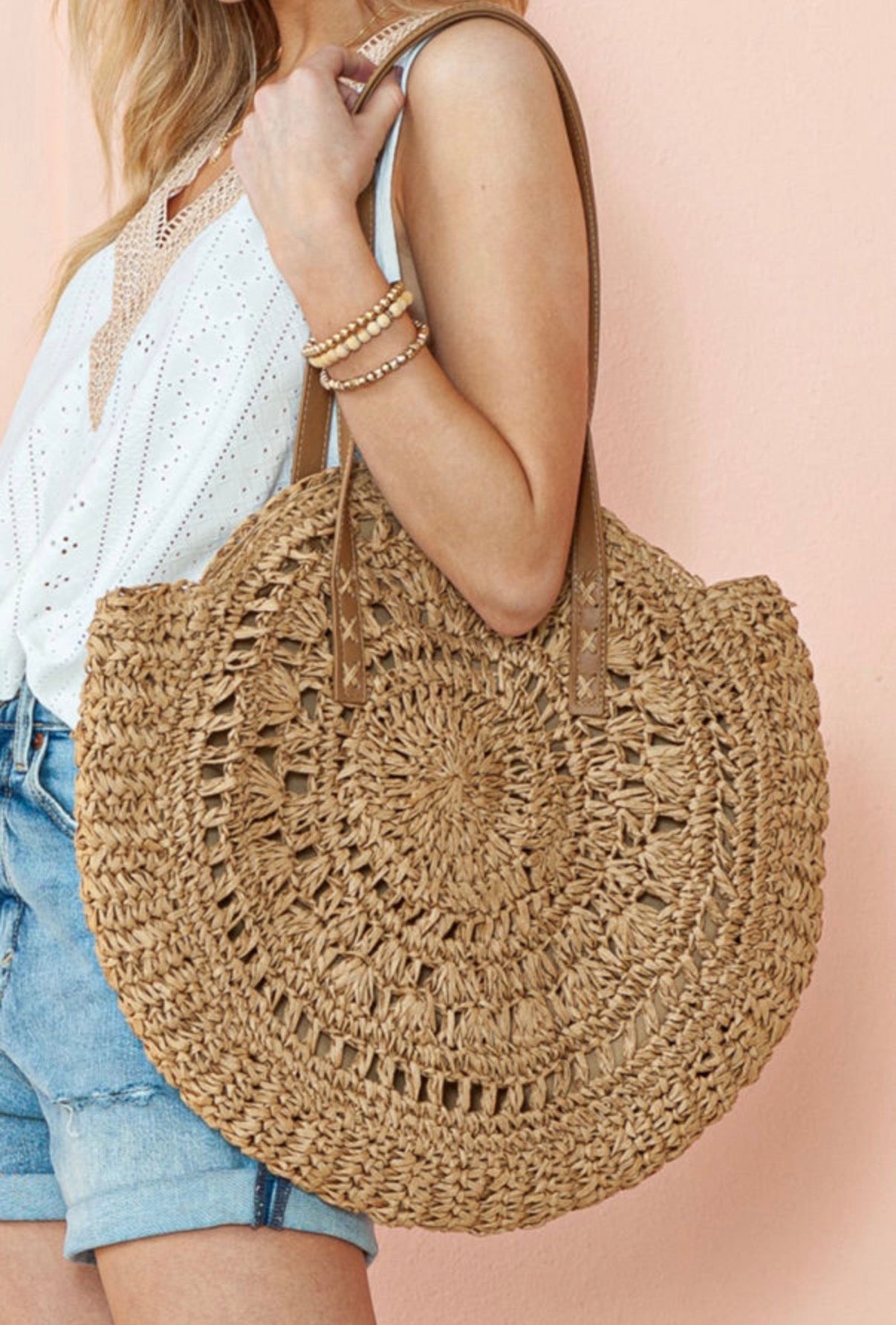Boho Crochet Straw Round Tote Bag