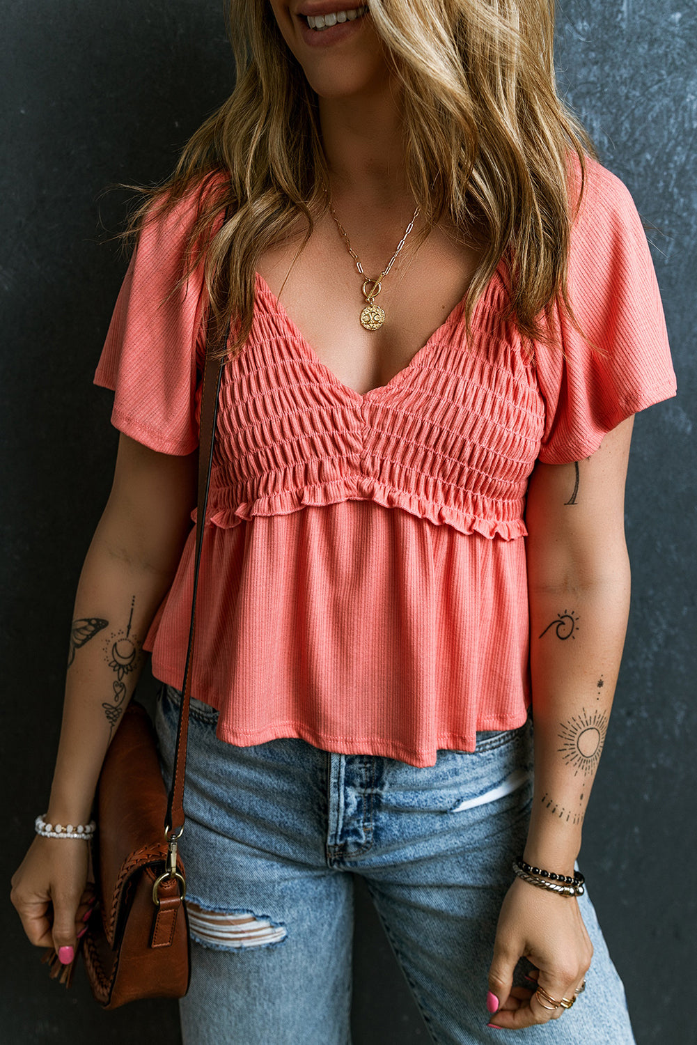 Shirred Flutter Sleeve Blouse Florida Girl Fashion Boutique
