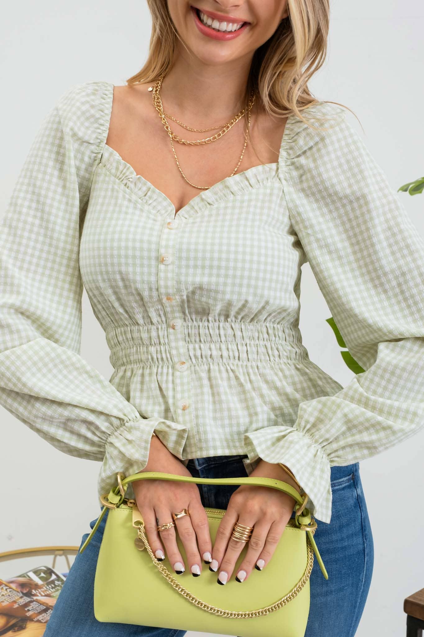Green Gingham Blouse Blu Pepper