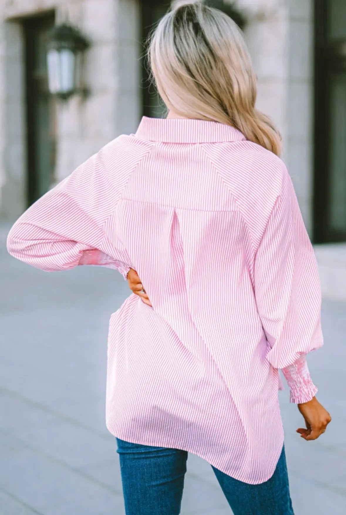 Pink Striped Ruffle Cuff Button-Down Blouse Florida Girl Fashion Boutique