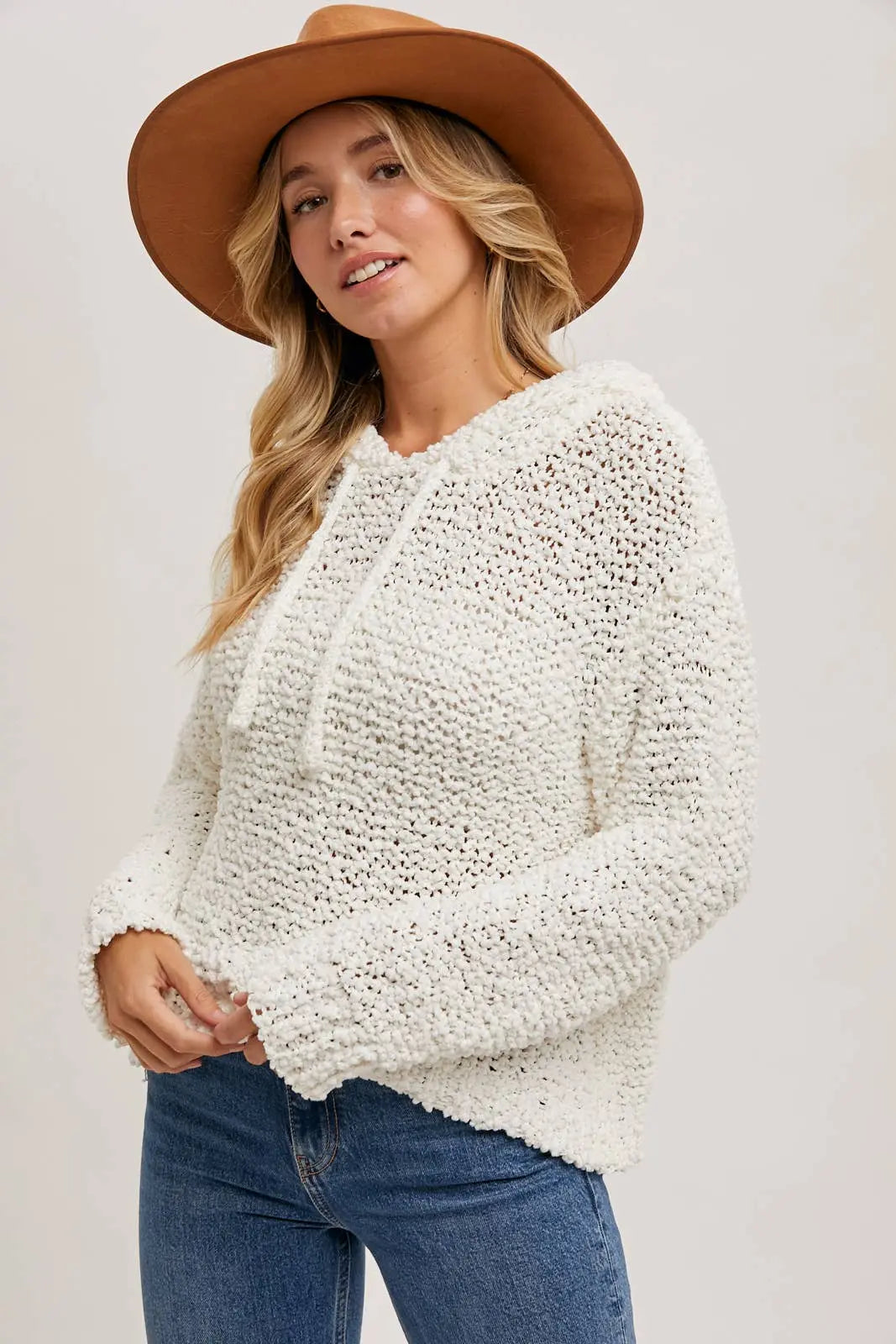 Popcorn Knit Hooded Sweater Bluivy
