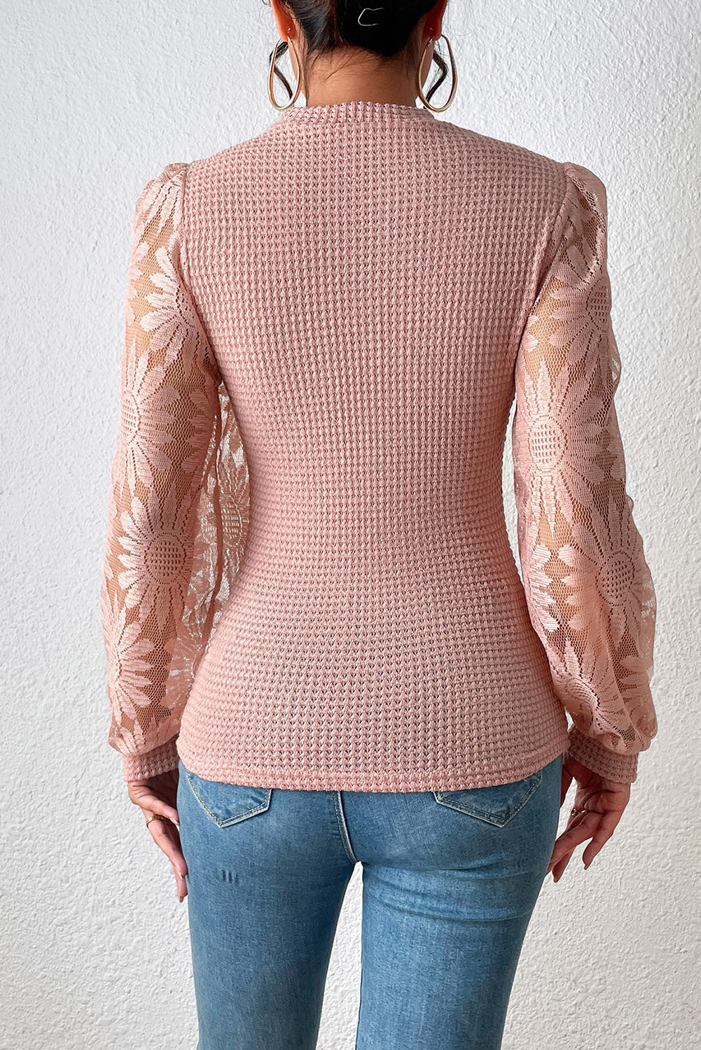 Peach Blossom Sunflower Mesh Bubble Sleeve Waffle Knit Top Florida Girl Fashion Boutique