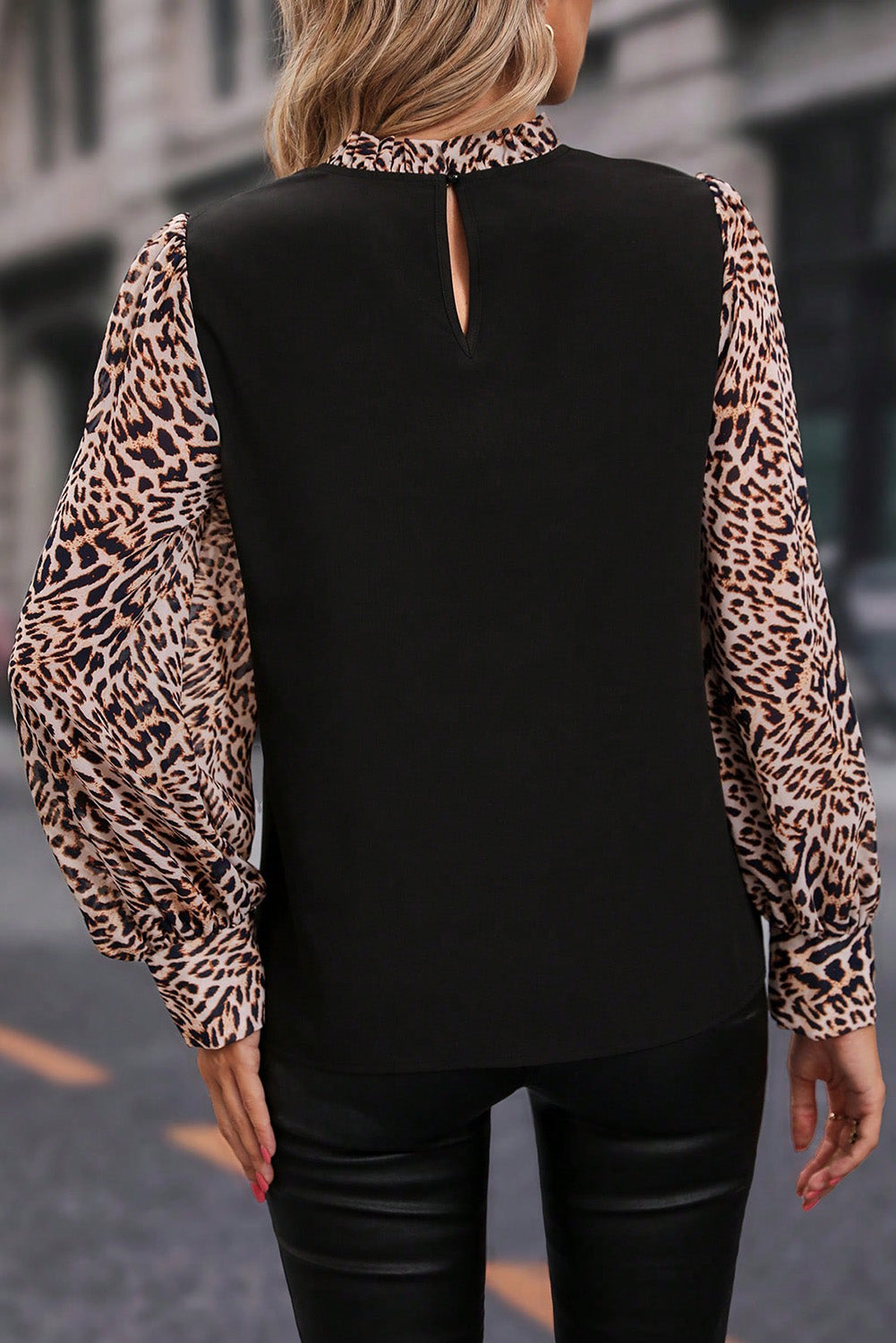 Black Contrast Leopard Print Lantern Sleeve Blouse Florida Girl Fashion Boutique