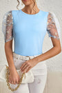 Blue Floral Mesh Puff Sleeve Crew Neck Top Florida Girl Fashion Boutique