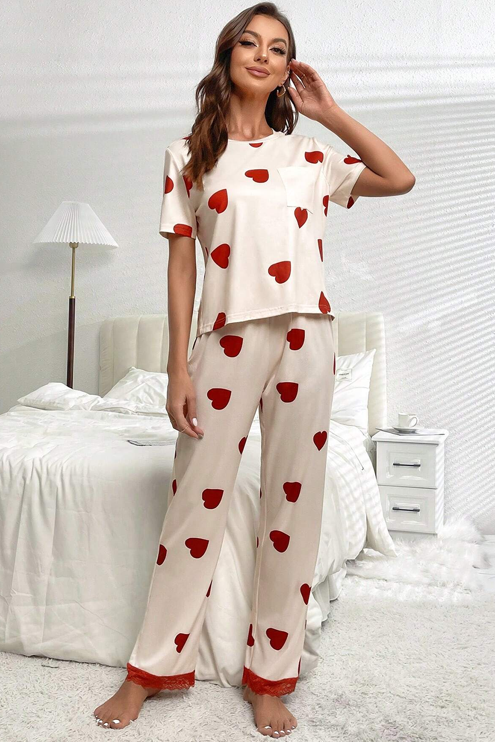 Heart Print Lace Hem Pajama Set Florida Girl Fashion Boutique