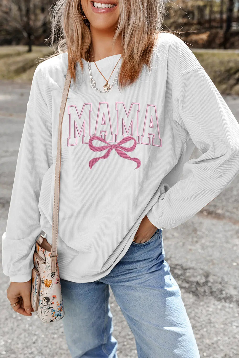 White MAMA Bowknot Embroidered Ribbed Pullover Sweatshirt Florida Girl Fashion Boutique
