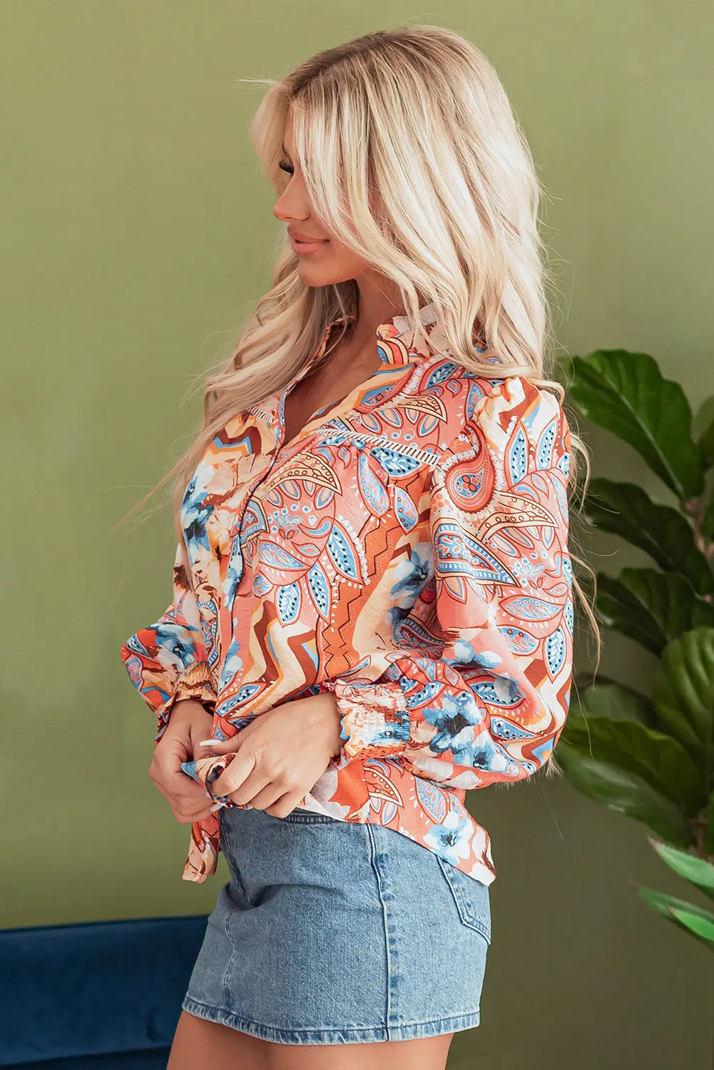 Floral Print Shirred Cuff Buttoned Loose Shirt Florida Girl Fashion Boutique