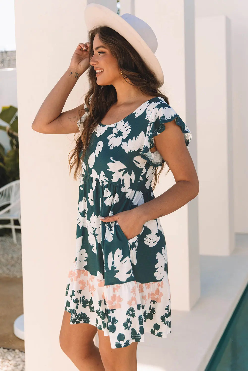 Green Floral Print Ruffle Sleeve Empire Waist Mini Dress Florida Girl Fashion Boutique