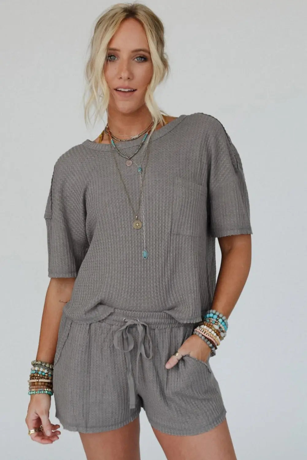 Grey Waffle Knit Top and Shorts Set Florida Girl Fashion Boutique