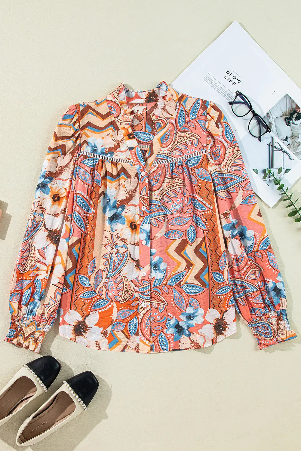 Floral Print Shirred Cuff Buttoned Loose Shirt Florida Girl Fashion Boutique